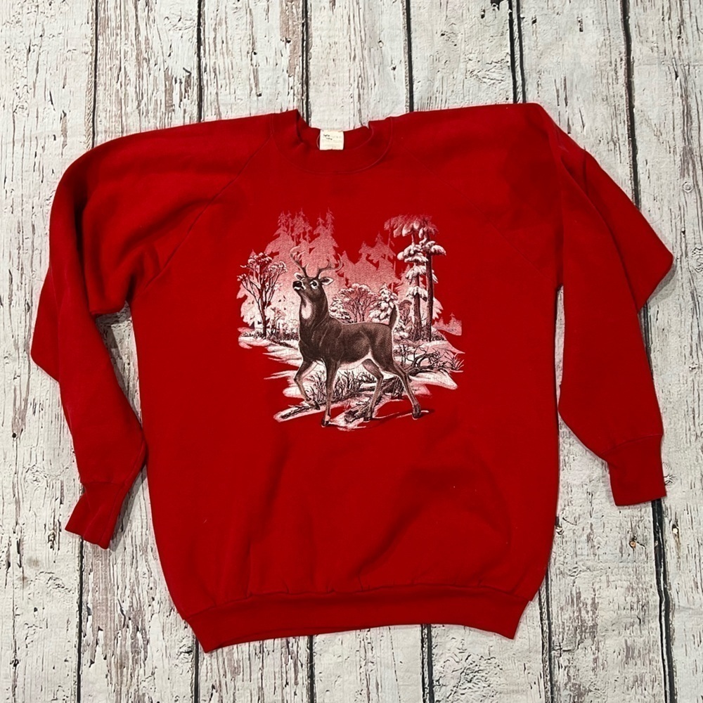 Vintage Deer Animal Print 1980s Red Crewneck Pullover Jumper Sweatshirt